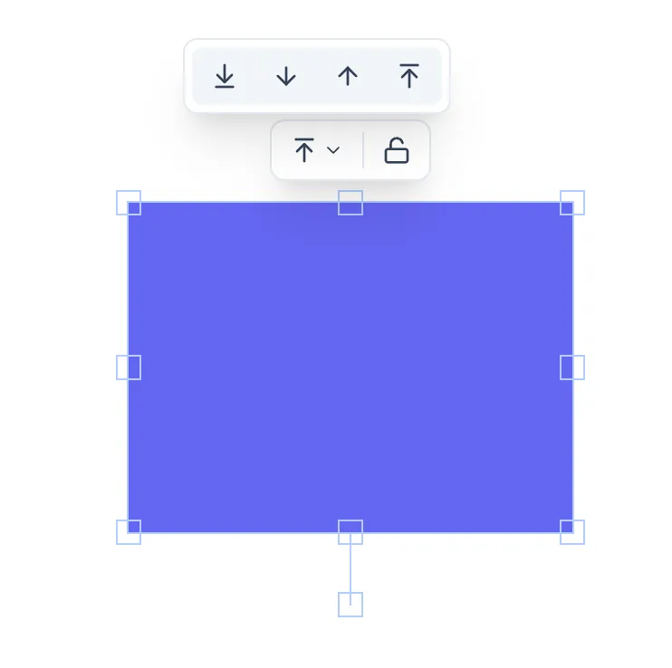 Canvas with one element selected showing the eight blue transform handles at corners and edges, the rotation handle below the element, and the floating selection menu above it (showing layer order and lock icons