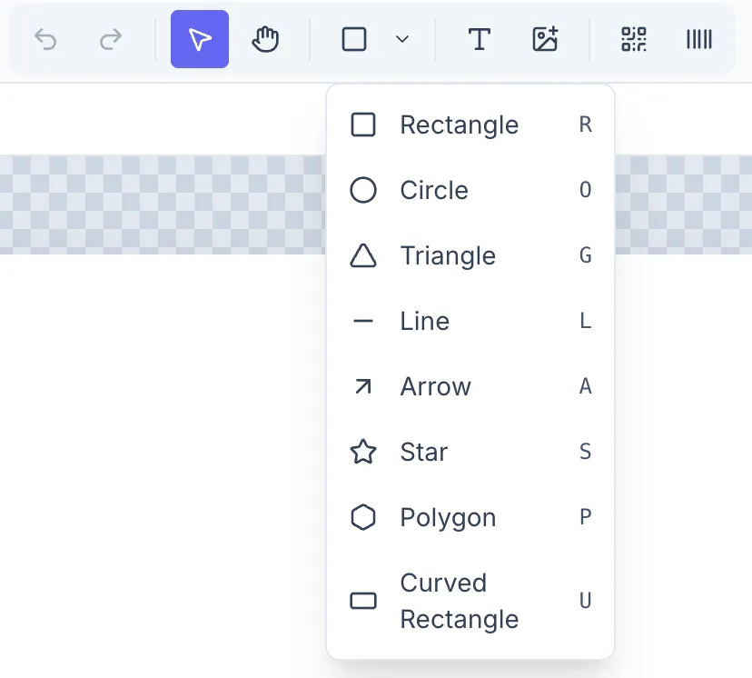 Tool palette in the header with the shapes dropdown expanded, showing all shape options: Rectangle, Circle, Triangle, Line, Arrow, Star, Polygon, Curved Rectangle — each with its keyboard shortcut letter