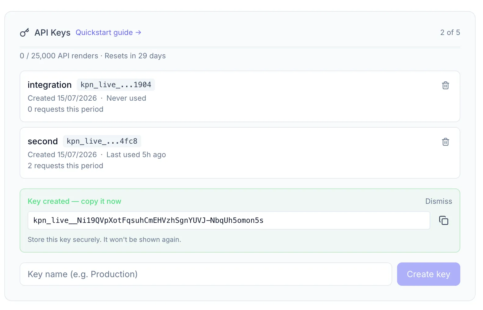 API Keys section showing one key in the list (name, key prefix with hint, creation date, last-used date, request count) plus the green "Key created — copy it now" banner with the full key and a copy icon. Below: the Key name input and Create key button.