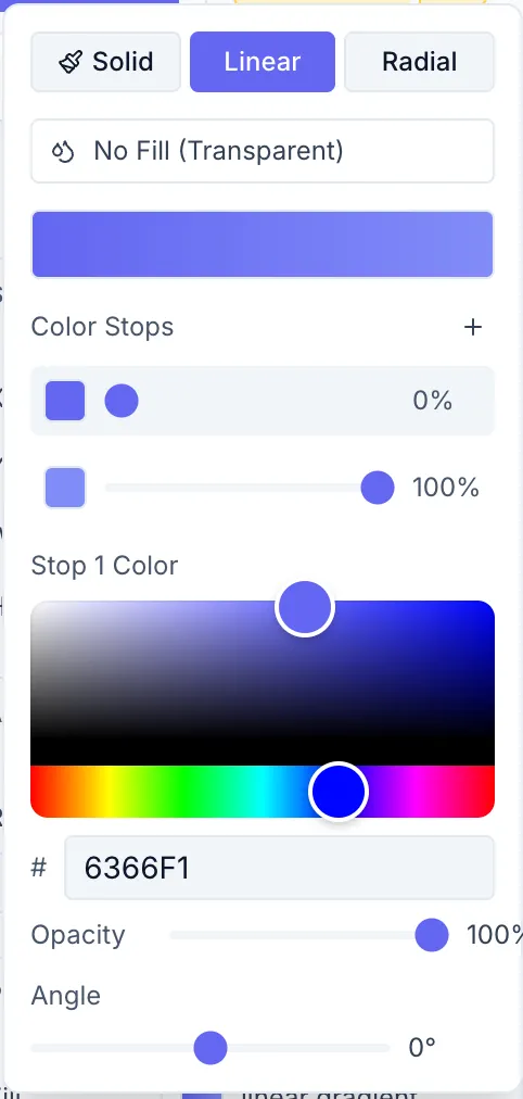 Appearance section with the gradient picker open on the Fill control. Shows the gradient type selector (Linear/Radial), an Angle slider for direction, a list of color stops each with a position slider and a delete (trash) icon, an Add stop button, and a hex color picker for the selected stop.