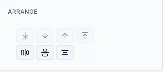 Arrange section in the Properties panel showing four layer-order buttons (Send to Back, Send Backward, Bring Forward, Bring to Front with their ⌘⇧[ / ⌘[ / ⌘] / ⌘⇧] shortcuts) and below them three canvas-alignment buttons (Center Horizontally, Center Vertically, Center Both).