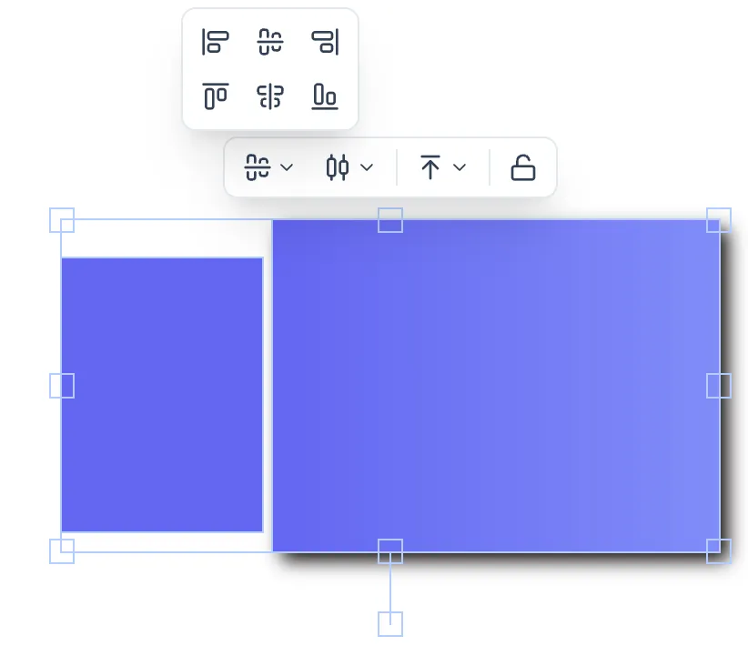 Multi-element floating selection menu showing the Align dropdown (open, displaying: Align Left, Center Horizontally, Align Right, Align Top, Center Vertically, Align Bottom) and the Distribute dropdown (Distribute Horizontally, Distribute Vertically).