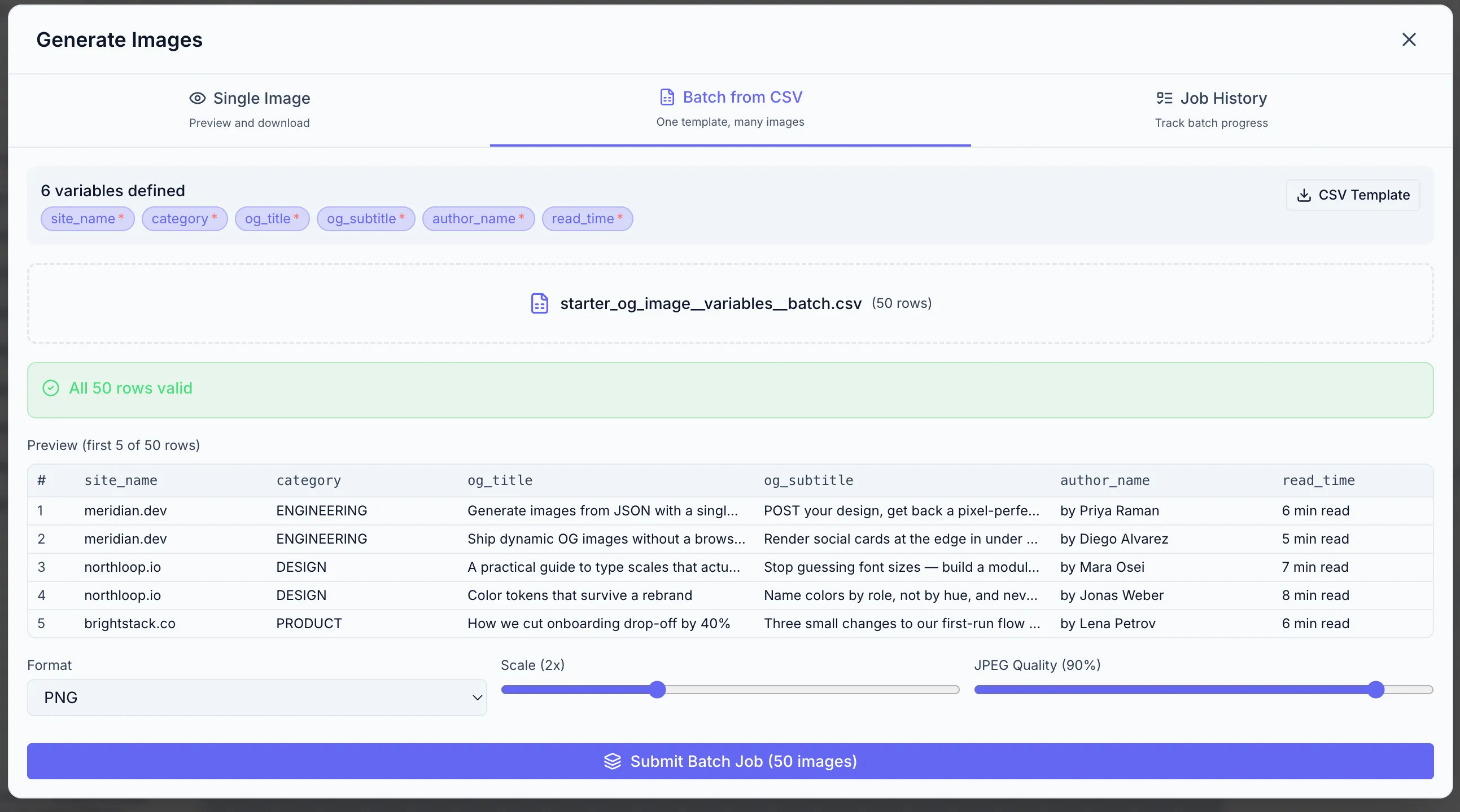 Batch tab with a parsed CSV file loaded. Shows a summary (e.g. "45 rows, 0 errors"), format/scale selectors, and the Submit Batch button. Below: a job list showing one COMPLETED job and one PROCESSING job with a spinner.