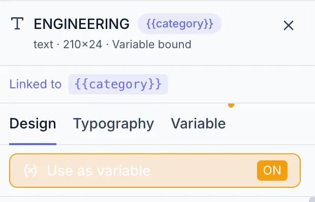 Properties panel element header with the Use as variable toggle set to ON, showing an orange {{image_1}} badge next to the element name. The three tabs Design / Typography / Variable are visible with the Variable tab highlighted.