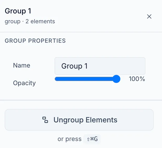 Properties panel in group mode showing the group icon + "Group" heading + element count, an Ungroup button, and an Opacity slider.