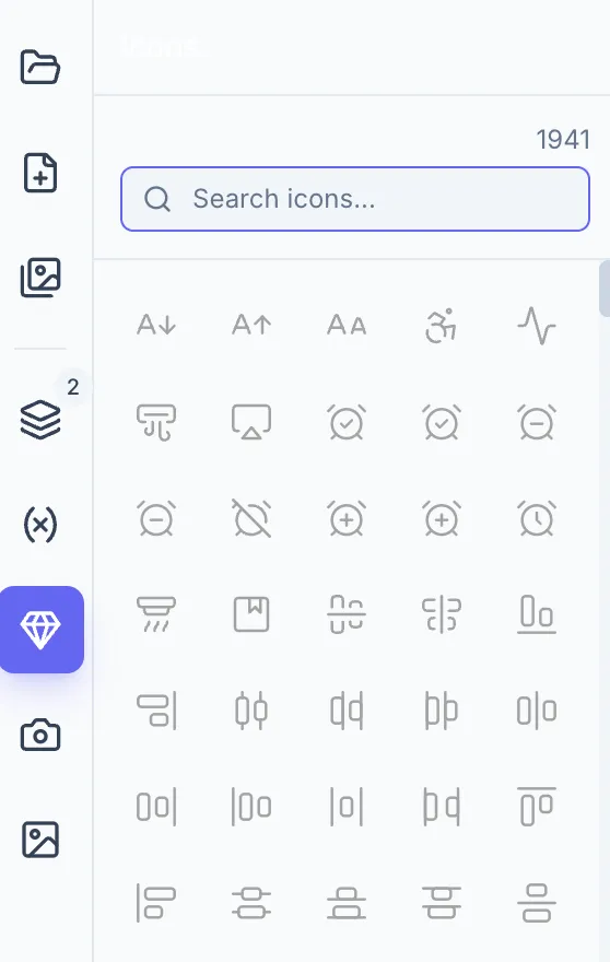 Icons panel Search input, then a 5-column grid of icon thumbnails.