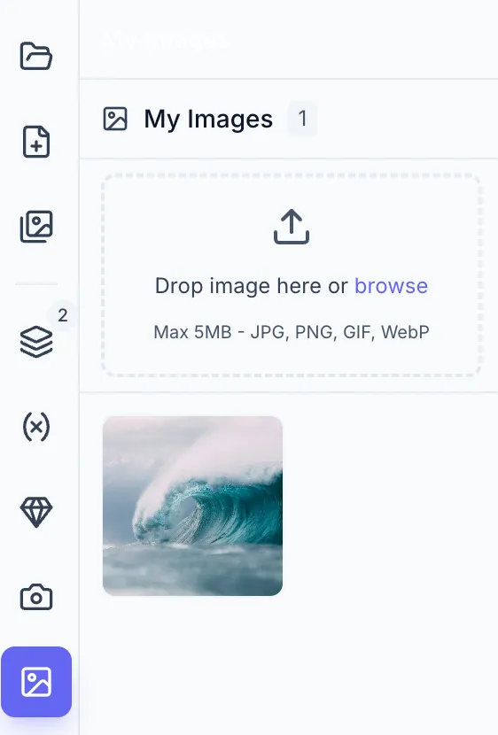 My Images panel showing the upload / drop zone at the top and a grid of previously uploaded image thumbnails below, each with a delete (trash) action on hover.