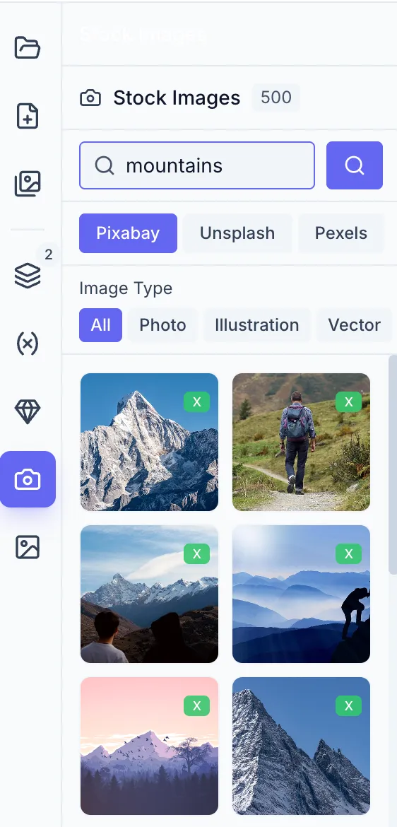 Stock Images panel open, with the provider tabs at the top (Pixabay, Unsplash, Pexels), the Pixabay-only image-type filter (All / Photo / Illustration / Vector) below them, a search input, and a grid of results with attribution text under each thumbnail.