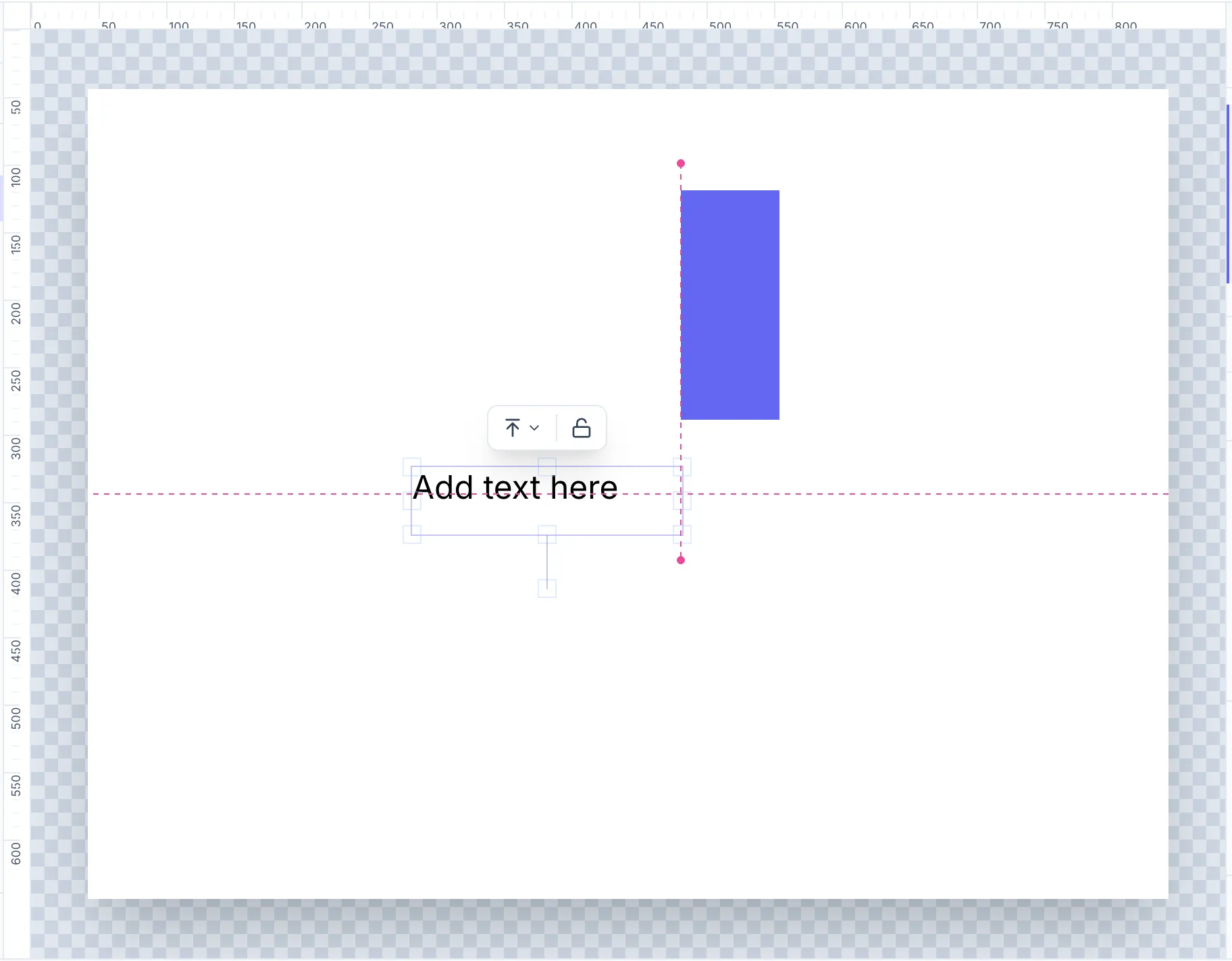 Canvas with rulers visible along the top and left edges, a grid overlay, and a blue smart-guide line appearing while an element is being dragged into alignment with another element.