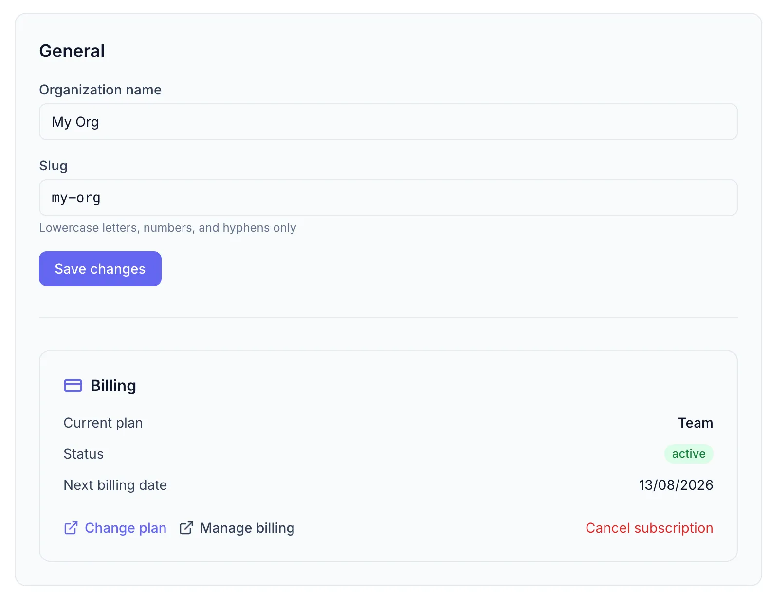 Organization General settings section showing the Organization name text input (filled with a team name), the Slug field below it (auto-generated, lowercase with hyphens), and the Save changes button. A subscription status card is visible below.