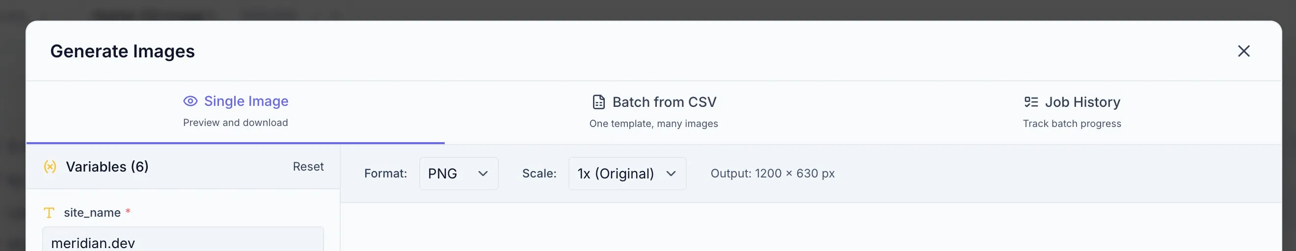 Generate & Download modal with its tab bar visible: Single Image, Batch from CSV, and Job History.