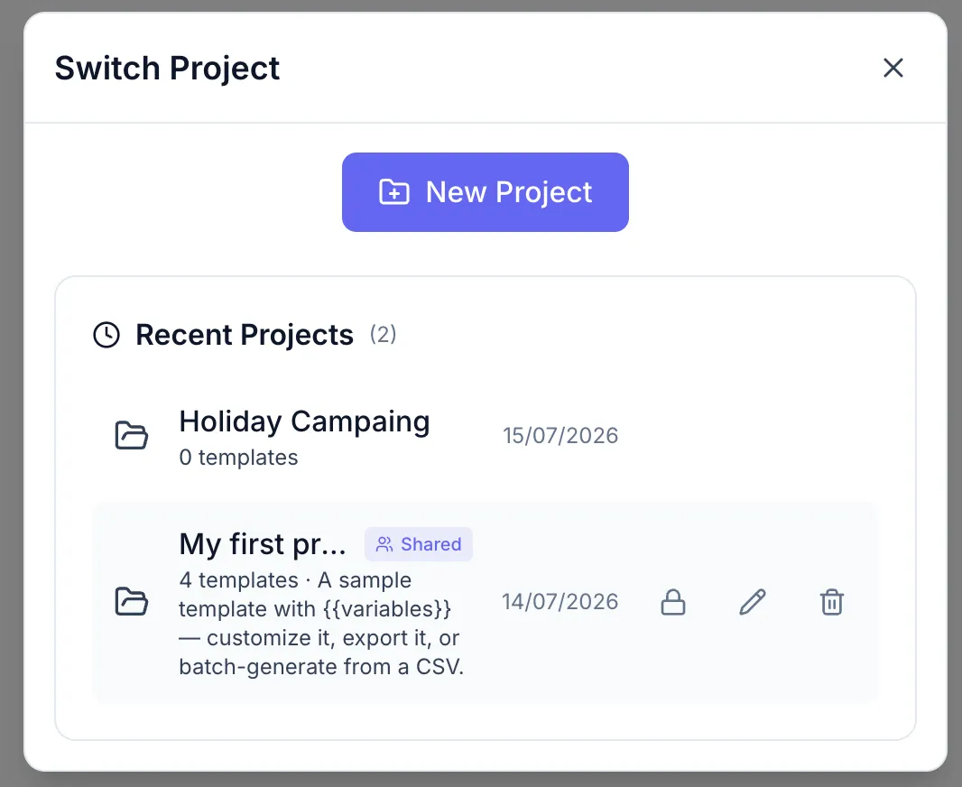 Project Picker showing the New Project button at the top, a Recent Projects list with three project rows, and on one row the hover actions: pencil icon (rename), lock icon (share/unshare), and trash icon (delete).
