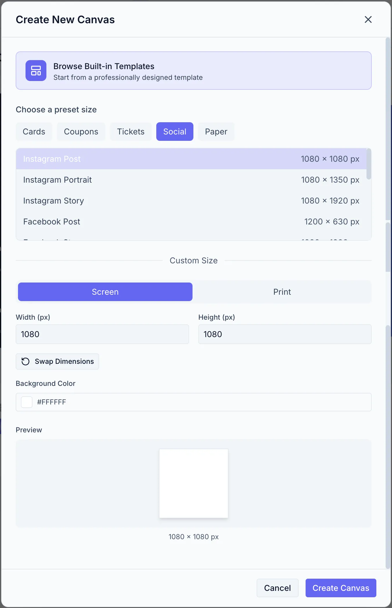 The Create New Canvas dialog with a preset selected from the dropdown and the preview box showing dimensions.