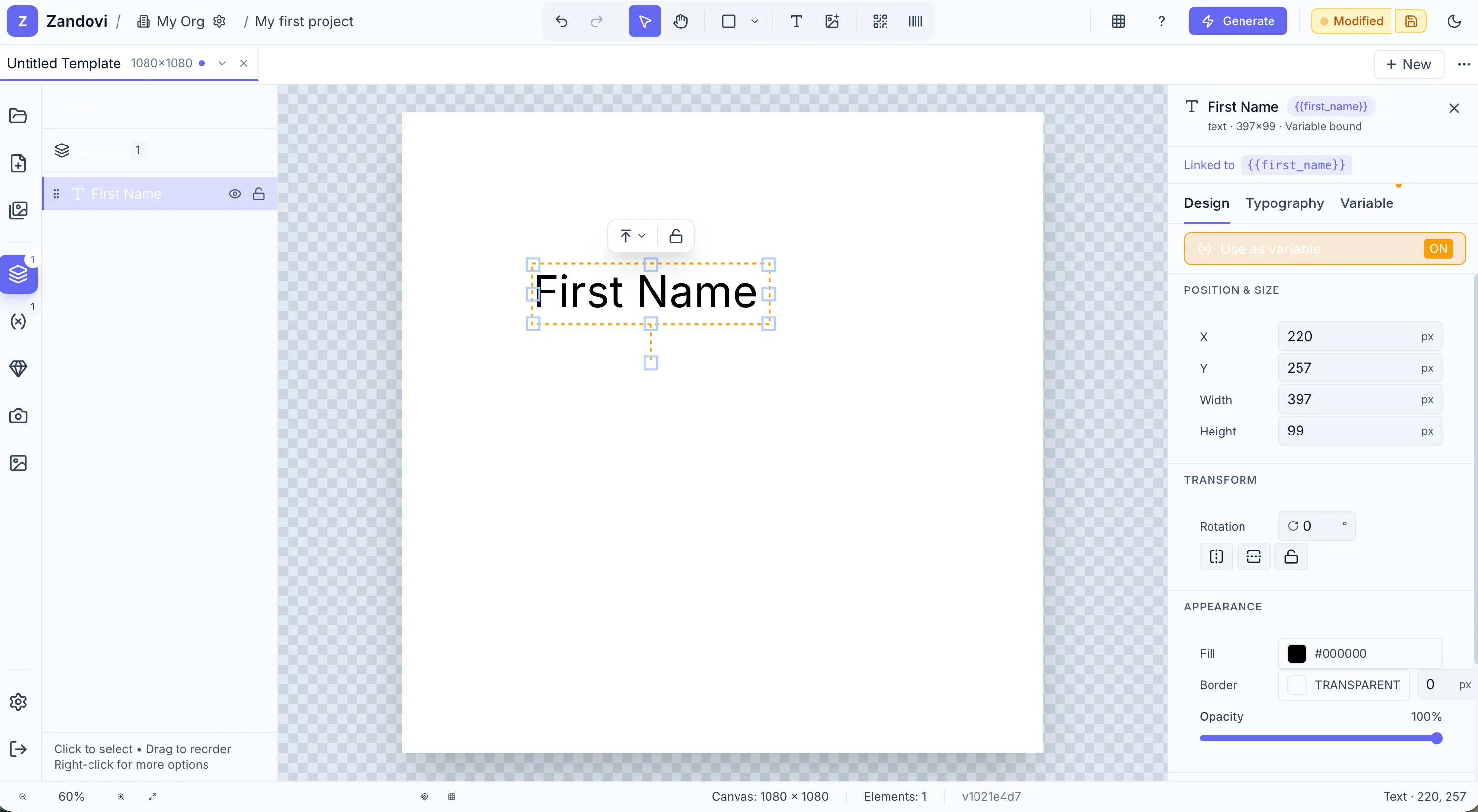 Full-screen view of the Designer after completing step 4, showing a canvas text element bound to the first_name variable (Use as variable toggled on, {{first_name}} badge in the element header) and the Properties panel open on the right.