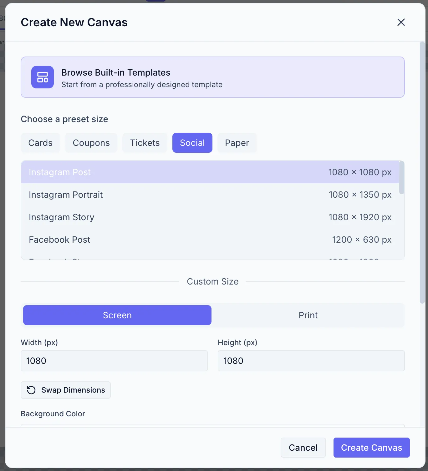Create New Canvas dialog. Shows a preset dropdown (e.g. "Instagram Post · 1080 × 1080 px" selected), a custom width/height input pair, a unit selector toggle (px/mm/cm/in), a Background Color picker, and Cancel / Create buttons.