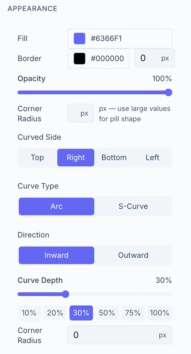 Curved Rectangle element selected showing its unique controls: Curved Side (Top/Bottom/Left/Right), Curve Type (Arc/S-Curve), Direction (In/Out), Curve Depth slider with quick-value preset buttons, and Corner Radius.
