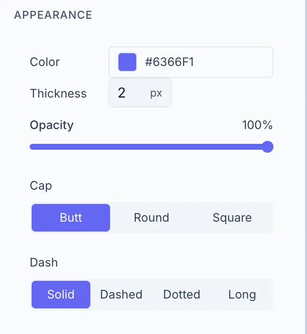 Line element selected showing its unique appearance controls: Color, Thickness (px), Cap segmented (Butt/Round/Square), and Dash presets (Solid/Dashed/Dotted/Long).