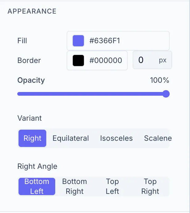 Triangle element selected with the Properties panel showing the Variant segmented control (Equilateral, Isosceles, Right, Scalene) and, for the Right variant, the Right Angle position option.