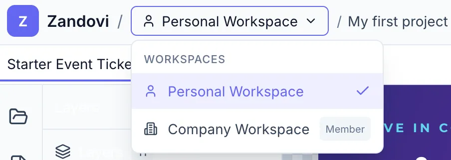 Workspace switcher dropdown open, showing a personal workspace (user icon) and a team workspace (building icon) with role badges and a settings gear icon next to the team entry.