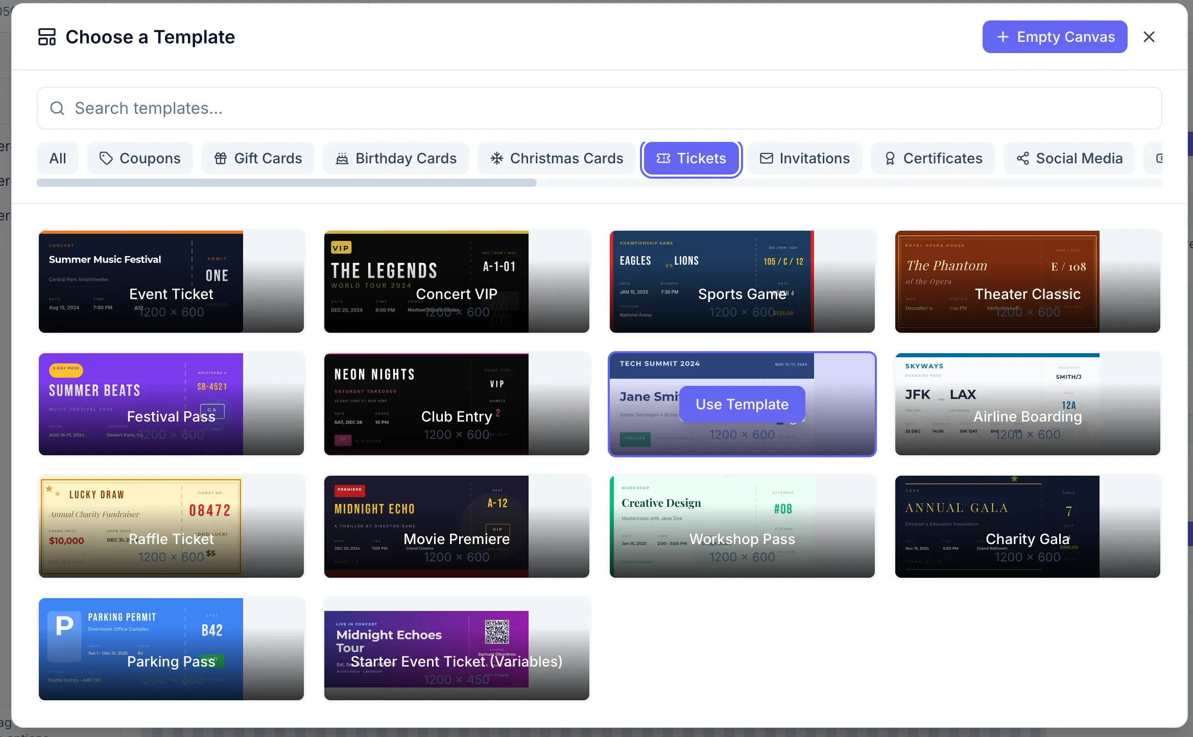 Template Gallery modal showing a search input at the top, category filters or tabs, and a grid of template cards. One card is highlighted showing a thumbnail, template name, and a Use this template button.