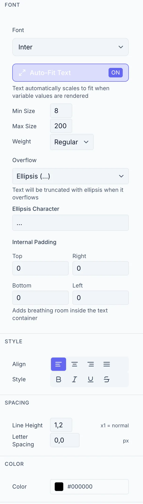 Typography panel with Auto-Fit ON, showing the Min Size (10), Max Size (120), Weight, and Overflow (Ellipsis selected) controls.