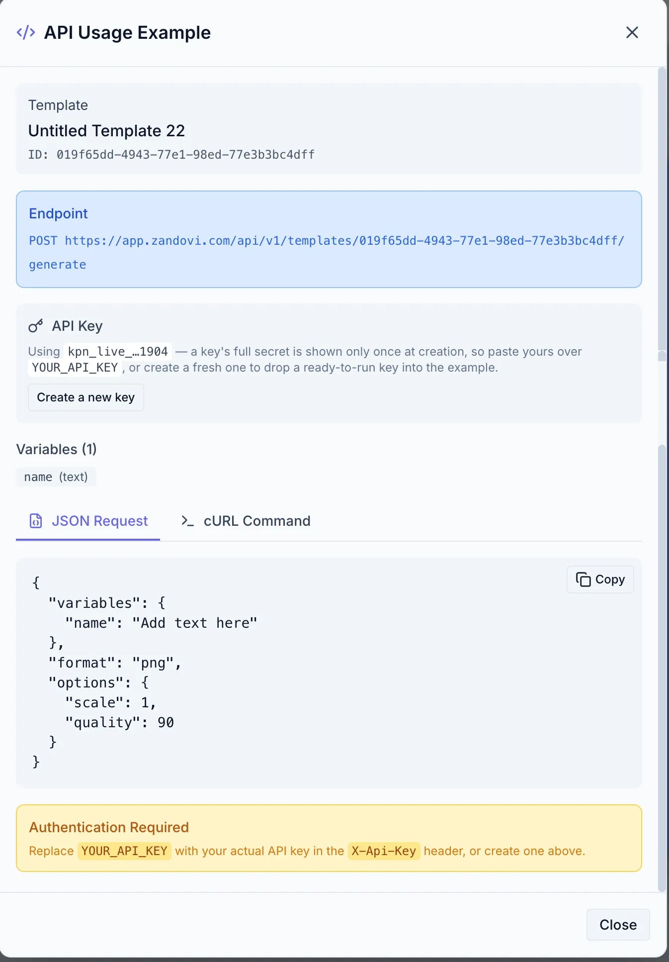 API Example modal